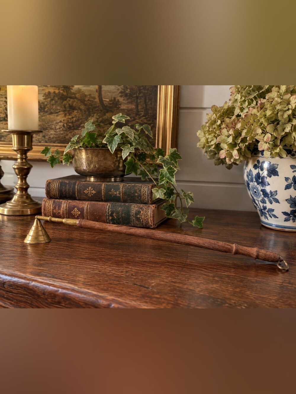 Vintage Brass & Wood Long-Handled Candle Snuffer